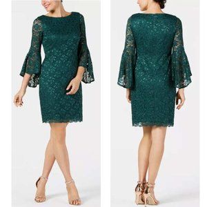 Jessica Howard Bell-Sleeve Glitter Lace Dress Size 16 Green